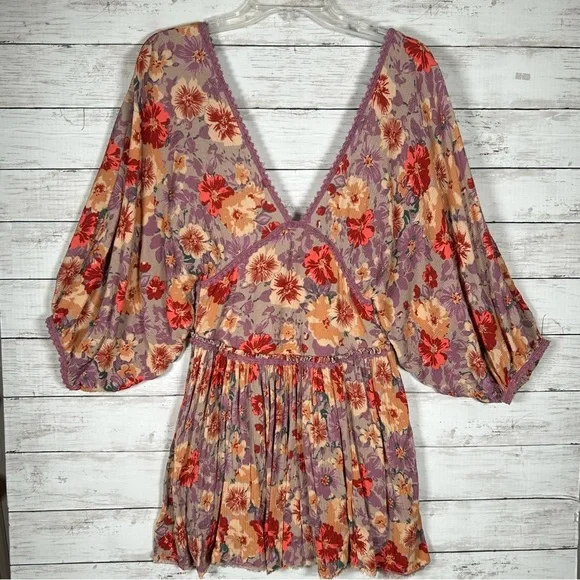Free People Sweet Dreams Taupe Combo Printed Rayon Crinkle Mini Raw Hem Dress S - Picture 3 of 13